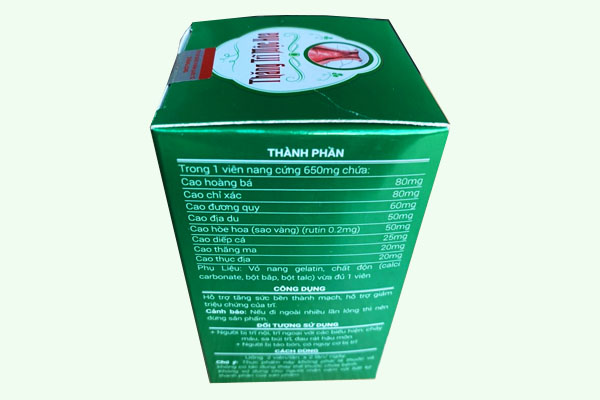 Thành phần của Thăng trĩ mộc hoa được in trên vỏ hộp