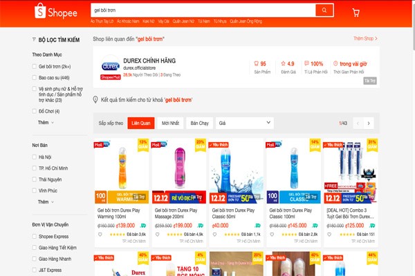 gel bôi trơn được bày bán trên shopee.