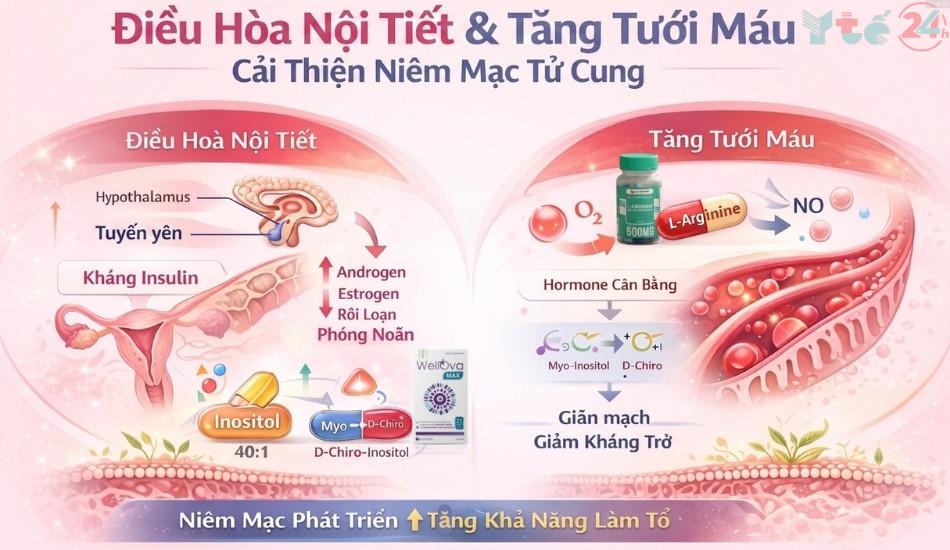 Điều hòa nội tiết và tăng lưu lượng máu đến tử cung hỗ trợ cải thiện niêm mạc tử cung phát triển